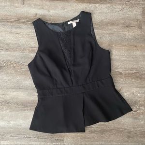 Dressy Black Peplum sleeveless top w/ Sheer lace deep V front - Sz L